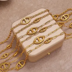Wholesale 18K Gold Plated 304 Stainless Steel Vacuum Electroplating (In Furnace) Sweater Chain Necklace Hypoallergenic Unisex Splicing Embossed Paperclip Chain Cable Chain/Cross Chain/O Chain Daily Party Bar