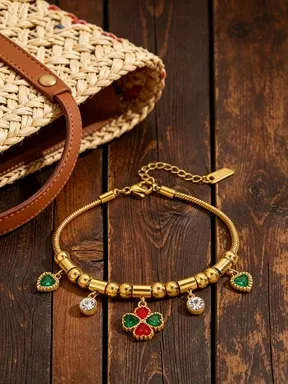 Wholesale Waterproof Non Tarnish Flowers Bracelet For Couples, 18K Real Gold Plated 304 Stainless Steel With Zircon Inlay And Snake Chain