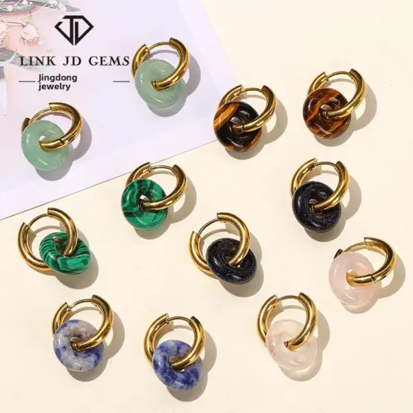 Wholesale JD Jewelry Fashion High-End Feel Earrings Natural Green Titanium Steel Gold-Plated Vacuum Electroplating Geometric Pattern Pink Crystal Bread Hoop Earrings