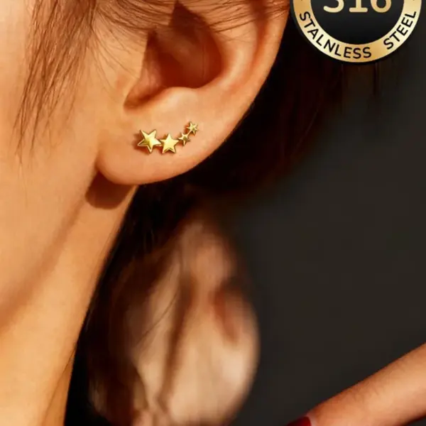 Wholesale Pentagram Electroplated Stud Earrings For Women In SUS316 Stainless Steel With 18K Real Gold PVD Coated Plating And 0.03µm Thickness