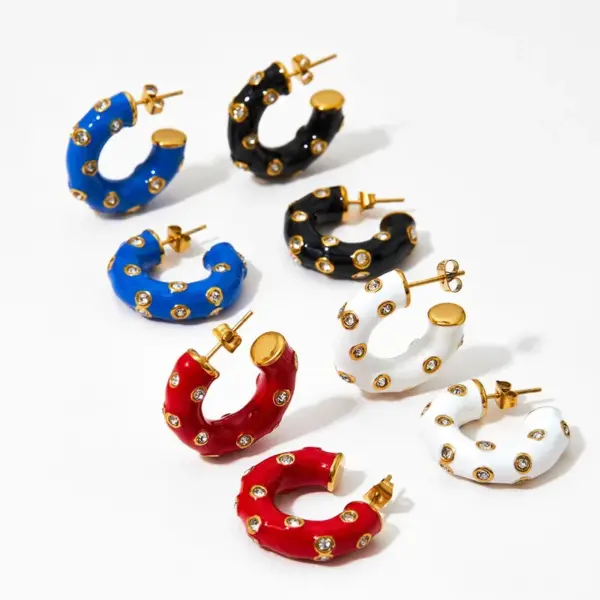 Wholesale Vacuum Electroplating (In Furnace) 304 Stainless Steel C-shaped Oil Drop Earrings Ladies Elegant Small Embedded Zircon Korean Style Popular Ear Jewelry