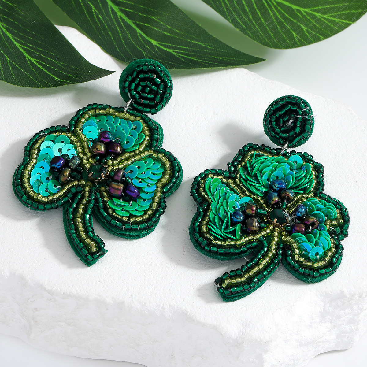 Wholesale European and American Cross-Border Style Handmade Rice Beads Sequin Green Earrings St. Patrick Clover Clover Symmetrical Earrings
