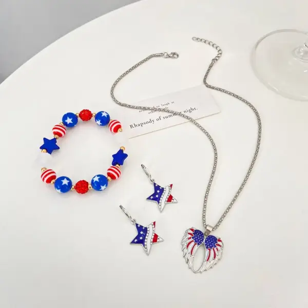 oly-c28f2e49fa81d6b51e9fd43d338026a2 Wholesale Fashion Simple American Independence Day Rhinestone Wings Heart-shaped Pendant Alloy Necklace Set