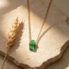 Wholesale Stainless steel retro light luxury rectangular green crystal necklace titanium steel electroplated clavicle chain