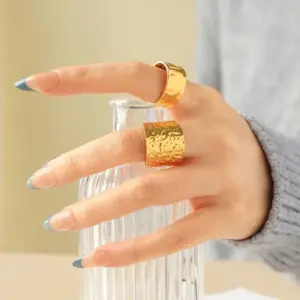 Wholesale 18K Gold Plated 304 Stainless Steel Vacuum Electroplating (In Furnace) Geometric Simple Embossed Wide Open Ring