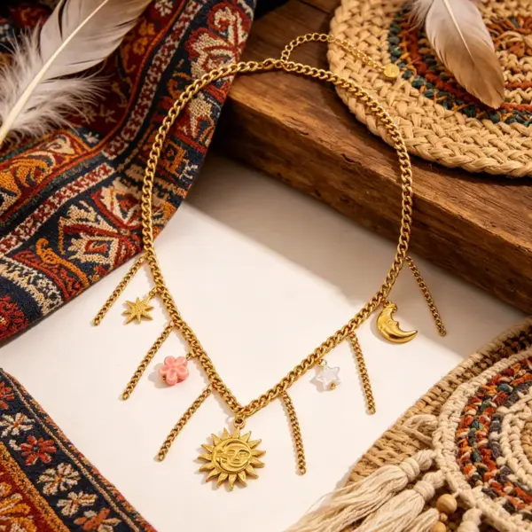 oly-c360f4a7f0a77b30b3de9a6a4f8c37f4 Wholesale Sun Necklace For Women, Waterproof Non Tarnish 304 Stainless Steel With 18K Real Gold Plated And Zircon Inlay, Electroplated
