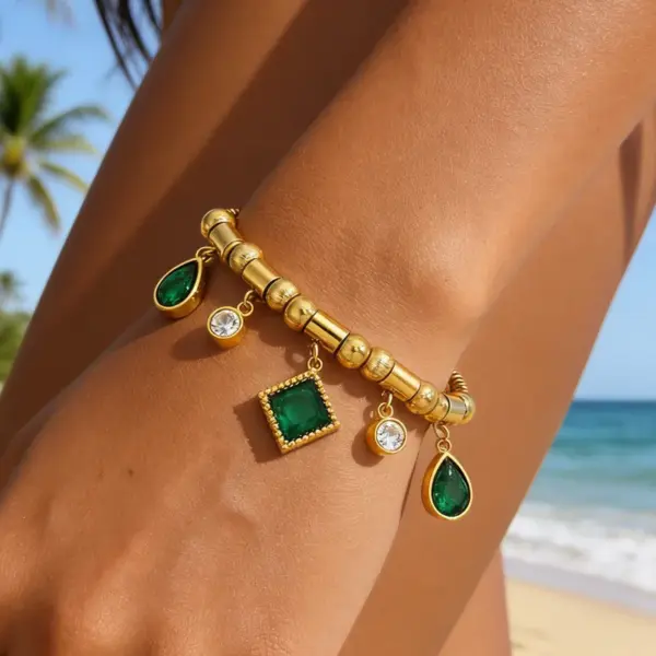 Wholesale Square Waterproof Couple Bracelets In 304 Stainless Steel With 18K Gold Electroplated And Zircon Inlay Snake Chain