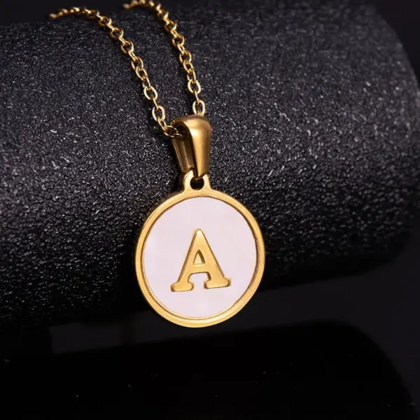 oly-c3b029364f40ac15a7628b9017d017d3 Wholesale PVD Coated 18K Gold Plated Round Letter 304 Stainless Steel Titanium Steel Fashion Waterproof Non Tarnish 304 Stainless Steel Pendant Necklace