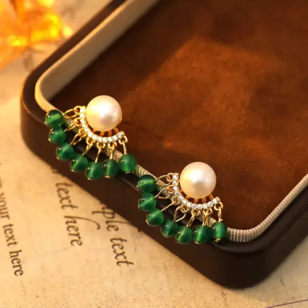 Wholesale Hong Kong Tassel Earrings Green Agate Freshwater Pearl Women's Jewelry Simple Geometric Gold-Plated Copper