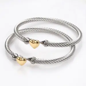 Wholesale 18K Real Gold Plated 304 Stainless Steel PVD Coated Heart Shape Two Tone Plating Bangle