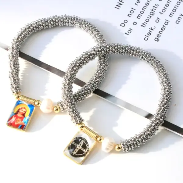 Wholesale Women’s Cross Pearl Bracelet With Beaded Chain, Copper Base, 18K Real Gold Plated And PVD Coated Finish