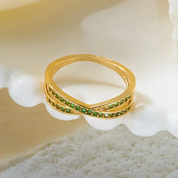 Wholesale Women’s Crossover Rings With Zircon Inlay, Copper Base Featuring KC Golden Water Plated Bezel Setting