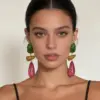 Wholesale Three-dimensional Geometric Drop Earrings For Women, PVD Coated Copper With 16K Real Gold Plating And Resin Inlay