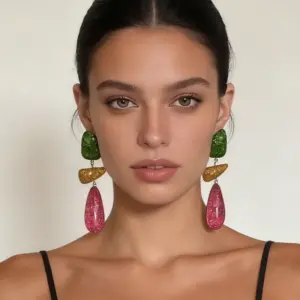 Wholesale Three-dimensional Geometric Drop Earrings For Women, PVD Coated Copper With 16K Real Gold Plating And Resin Inlay