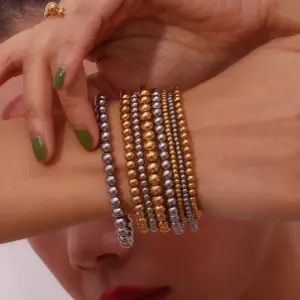 Wholesale Fashion Round Beaded 304 Stainless Steel 18K Gold Plated Bracelets In Bulk