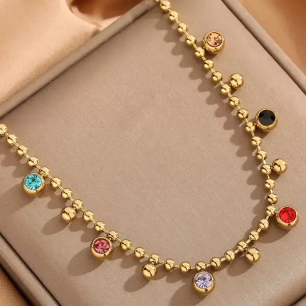 Wholesale 302 Stainless Steel 304 Stainless Steel Glass Round Ion Plating (IP) Artificial Rhinestones 18K Gold Plated Simple Style Classic Style Waterproof Non Tarnish Inlay Ball Chain Gold Necklace