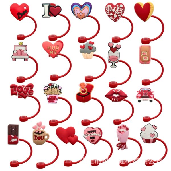 Wholesale Valentine's Day Love Series Straw Cap Food Grade Silicone Straw Dust Plug 8/10mm Straw Cover