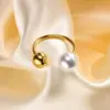 Wholesale Women'S 304 Stainless Steel PVD Coated 18K Gold Plated Plating Inlay Round Artificial Pearls Open Ring Imitation Pearl Jewelry