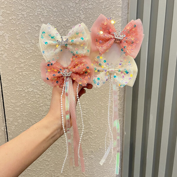 Wholesale Spring Princess Style Sweet Ribbon Sequin Bow Hairpin Top Clip Crown Children's Baby Girl Hair Accessories Duckbill Clip