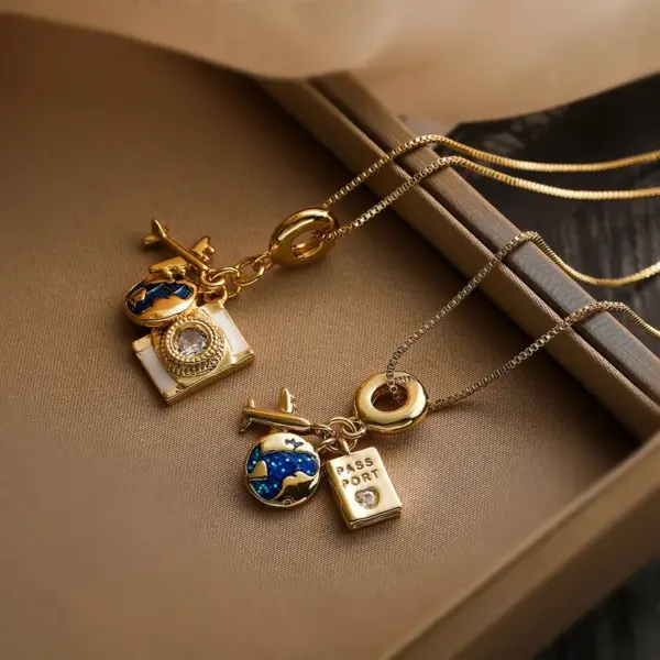 Wholesale Vacation Streetwear Earth Airplane Copper 18k Gold Plated Zircon Pendant Necklace In Bulk
