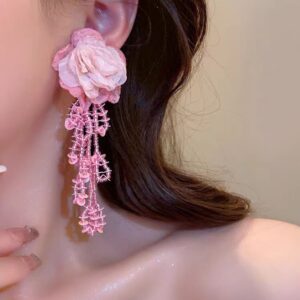 Pink flower beaded sequin earrings