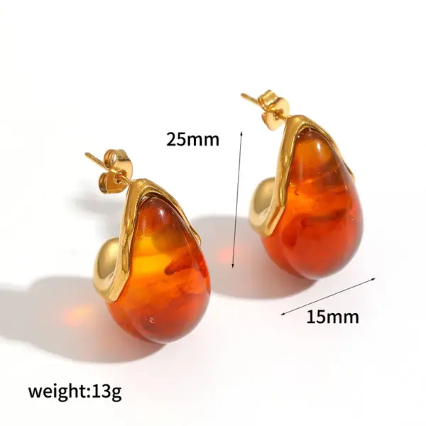 Wholesale Water Droplets Stud Earrings For Women In 304 Stainless Steel Featuring Hypoallergenic Design With 18K Real Gold Plated And Resin Inlay