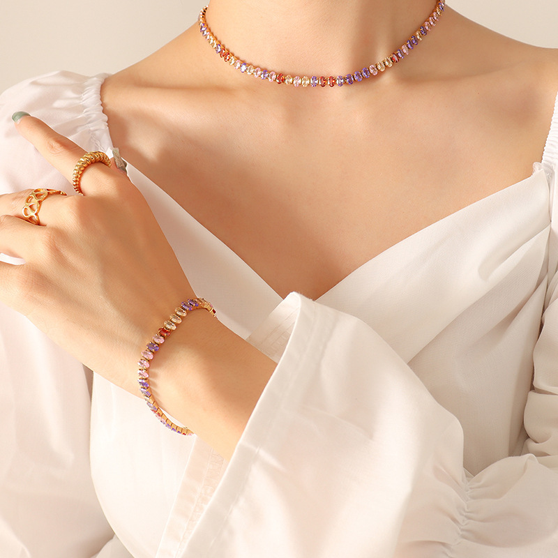 Wholesale European and American style lady feeling elegant temperament solid color diamond zircon inlay necklace bracelet jewelry suit manufacturers o