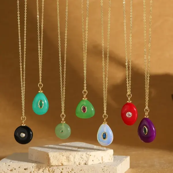Wholesale Hot-Selling New Retro Simple Natural Stone Zircon Geometric Water Drop Shape 14K Gold Plated Pendant Collarbone Chain Necklace For Women