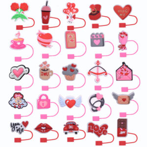 oly-c590b57756f9fd76d64387d9389118aa Wholesale Pink Valentine's Day Straw Cap Glass Straw Dust Plug Cute PVC Soft Glue Straw Sleeve Reusable Hat