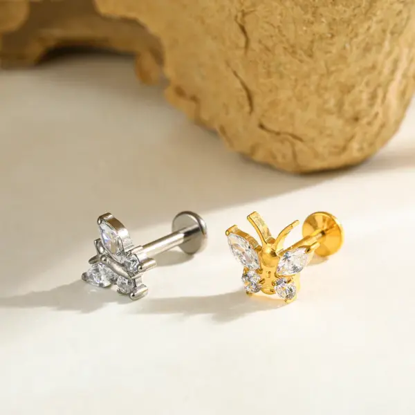Wholesale Titanium Alloy Gold Plated Vacuum Electroplating (In Furnace) Gold Steel Color Zircon Geometric Inlaid Unisex Piercing Lip Stud