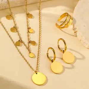 Gold / Average Size / Smooth Round Pendant Necklace, Earrings, and Ring Set