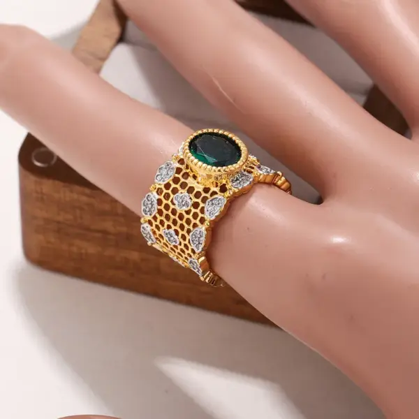 Wholesale Geometric Ring For Women With KC Golden Plated 0.03µm Coating Featuring Zircon And Artificial Crystal, Hypoallergenic Design