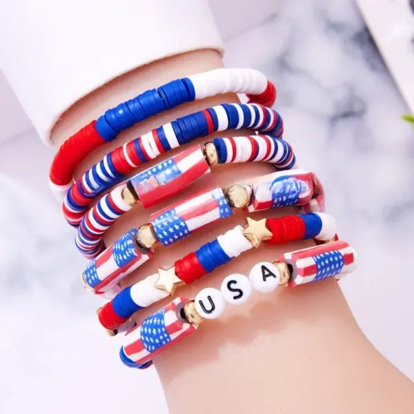 Wholesale Bohemian Style Soft Clay Bracelet Set Alloy Flag Drip Oil Personalized Independence Day USA Themed Hand Chain Jewelry