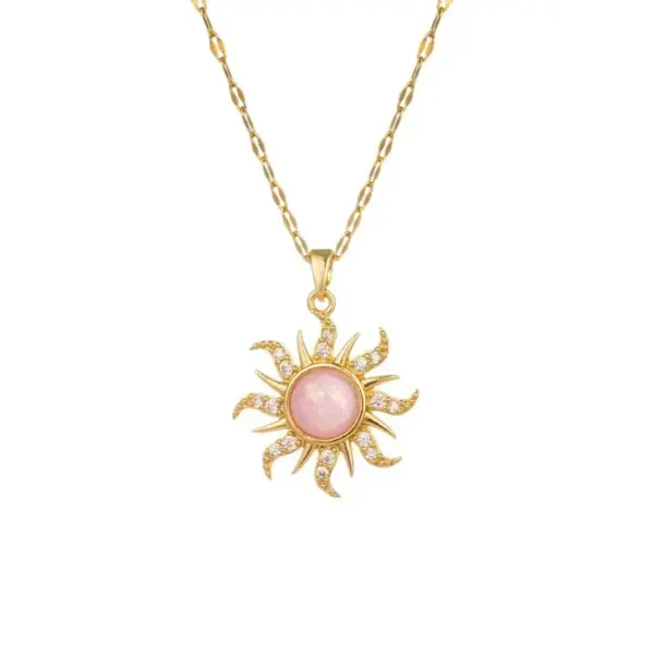 Wholesale Sun Pattern Inlay Pendant Necklace For Women With 18K Gold Plated Copper And Artificial Rhinestones, Lip Chain