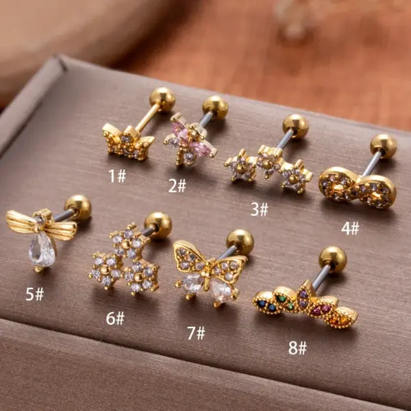 Wholesale 1 Piece Ear Cartilage Rings & Studs Vintage Style French Style Simple Style Crown Flower Butterfly 316L Stainless Steel Copper Waterproof Non Tarnish Surgical Steel Zircon