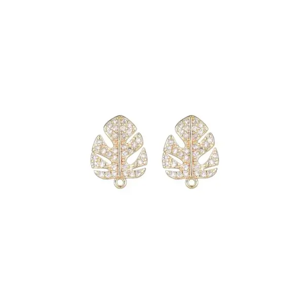 Wholesale Leaves Stud Earrings With 925 Sterling Silver Posts, Copper Base, And 14K Real Gold Plated Finish Featuring Zircon Inlay In Gold