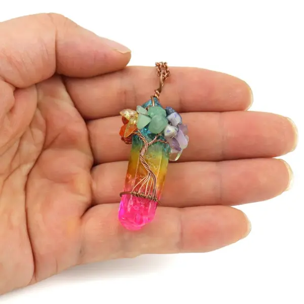 Wholesale Handmade Natural Crystal Column Painted Multi-Color Geometric Pattern Rock Wrapped Life Tree Necklace For Women Tiktok Live Broadcast