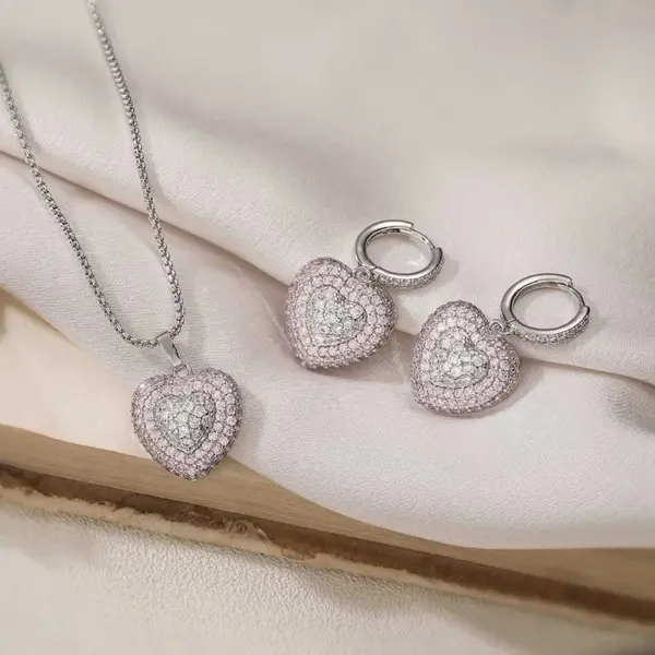 Wholesale Heart Shape Jewelry Set For Women With Zircon Inlay, 18K Real Gold Plated Copper, Water Plating And Twisted Rope Chain