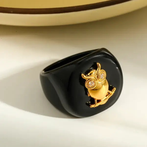 Wholesale 304 Stainless Steel Vacuum Furnace Plated 18K Real Gold Geometric Acrylic Animal Owl Bee Ladybug Butterfly Unisex Ring