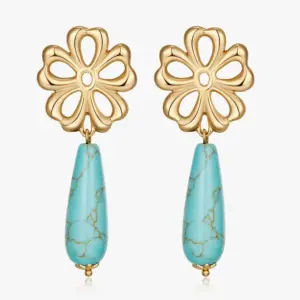 Wholesale Women’s Flowers Stud Earrings Featuring Enamel Craft And Turquoise Inlay, 18K Real Gold Plated Copper With PVD Coating