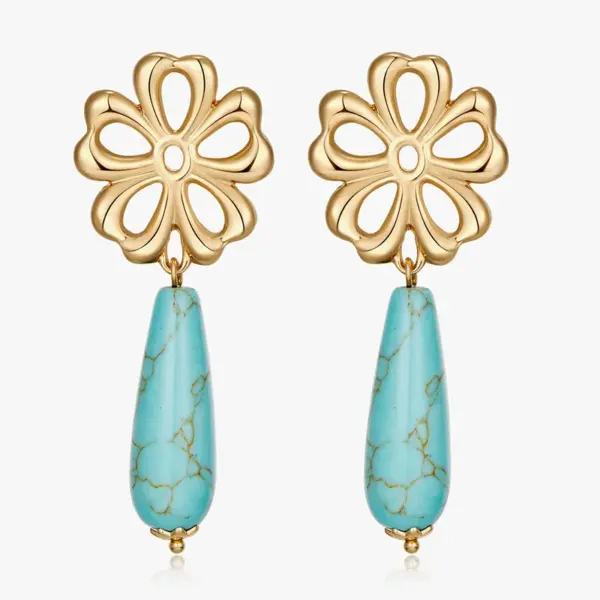 Wholesale Women’s Flowers Stud Earrings Featuring Enamel Craft And Turquoise Inlay, 18K Real Gold Plated Copper With PVD Coating
