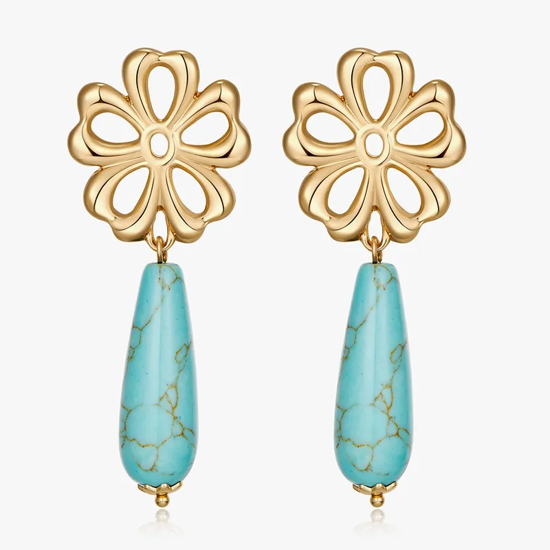 Wholesale Women’s Flowers Stud Earrings Featuring Enamel Craft And Turquoise Inlay, 18K Real Gold Plated Copper With PVD Coating