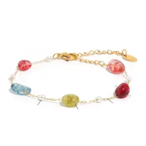6 [Ae80] Ornamental Stone Pearl Bracelet / Gold