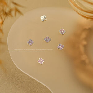 Single Pink Zircon Small Four-leaf Clover-Silver #02