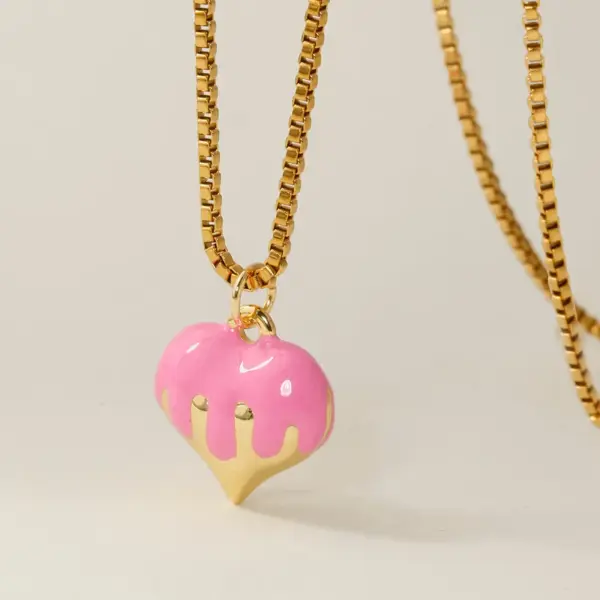 Wholesale Heart Shape Enamel Pendant Necklace For Women In 304 Stainless Steel With 14K Gold Plated PVD And Zircon, Box Chain