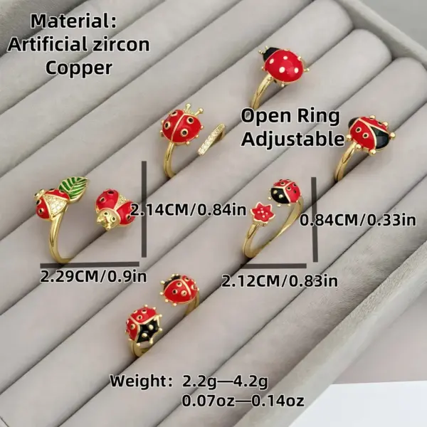 Wholesale Jewelry Casual Cute Romantic Ladybugs Copper Zircon 18K Gold Plated Open Rings