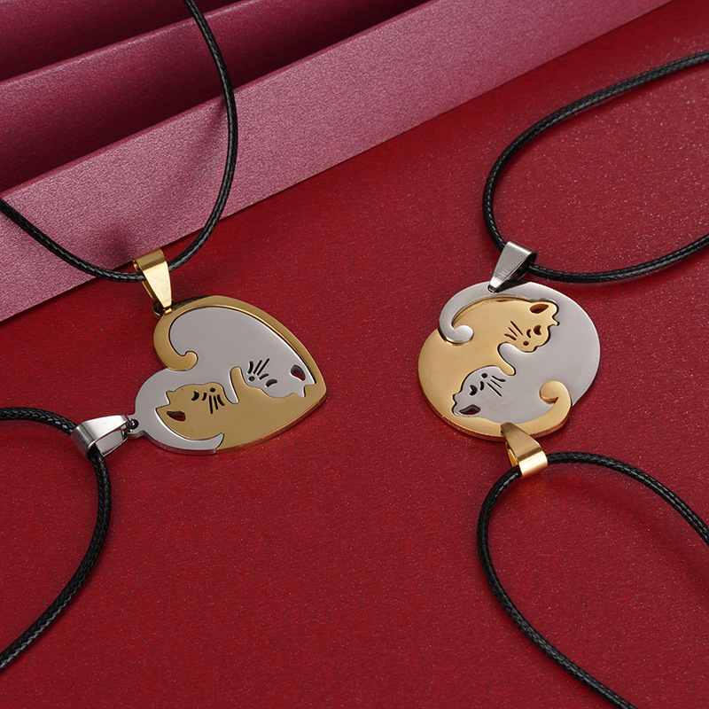 Wholesale A Variety of Stainless Steel Black and White Cat Pendants Couple Necklaces Creative Hug Shape Splicing Valentine's Day and Chinese Valentine