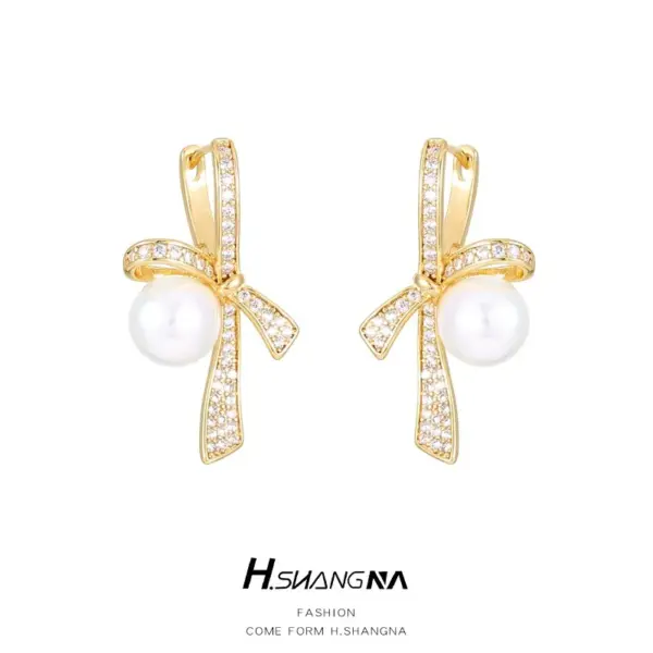 Wholesale Bow Tie Earrings For Women With Bezel Setting, Electroplated Copper And Zircon Inlay, Featuring 925 Sterling Silver Posts