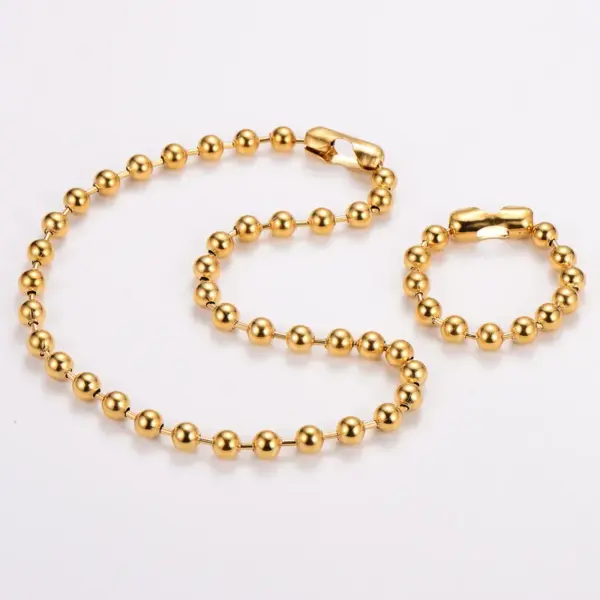 Wholesale AML Trendy Hip-Hop 304 Stainless Steel 10mm Round Bead Chain 18k Gold Plated Bracelet Necklace Set