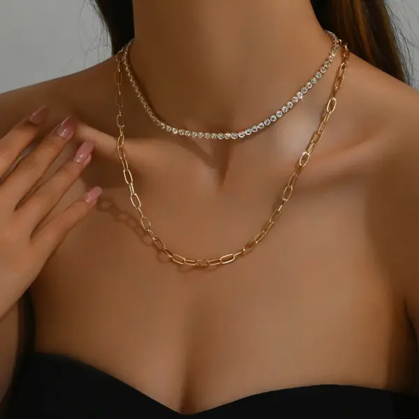 Wholesale Simple Versatile Two-Piece Set Rhinestone-Encrusted Chain Necklace Stackable Jewelry Combination Geometric Pattern Plated KC Gold Rhinestone Copper